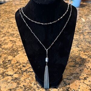 Stella & Dot Silver Beaded Necklace with Tassel